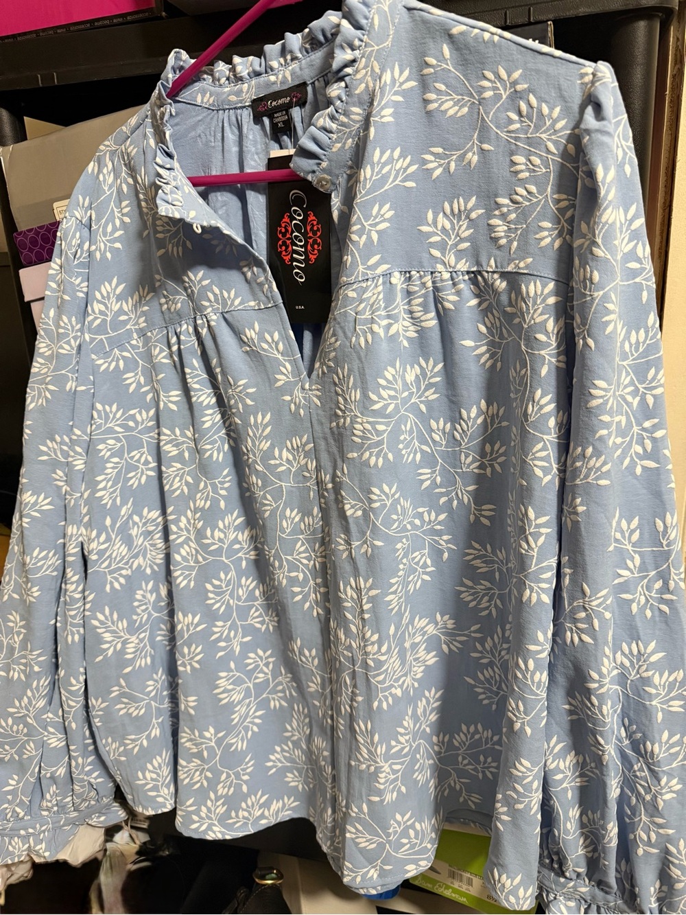 Cocomo Pale Blue White Floral Button-Front Blouse